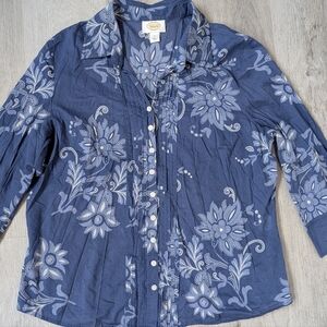 Talbots 100% Cotton Floral Blue Everyday Casual Button Down Women Shirt Size XL